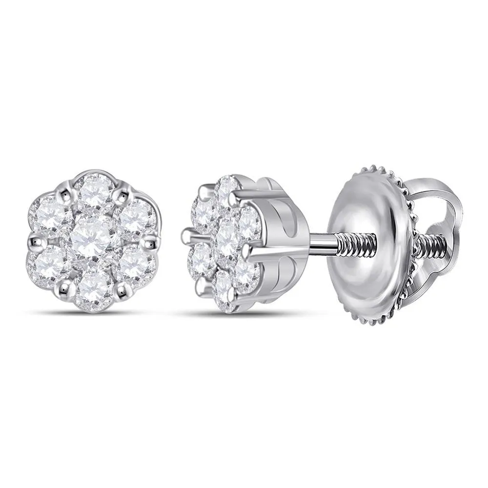 10kt White Gold Diamond Flower Cluster Earrings - A Mesmerizing Blossom of Brilliance
