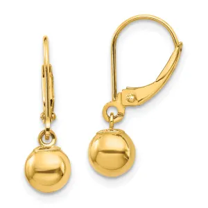 14K Gold Polished Dangle Earrings with 6mm Bead Leverback