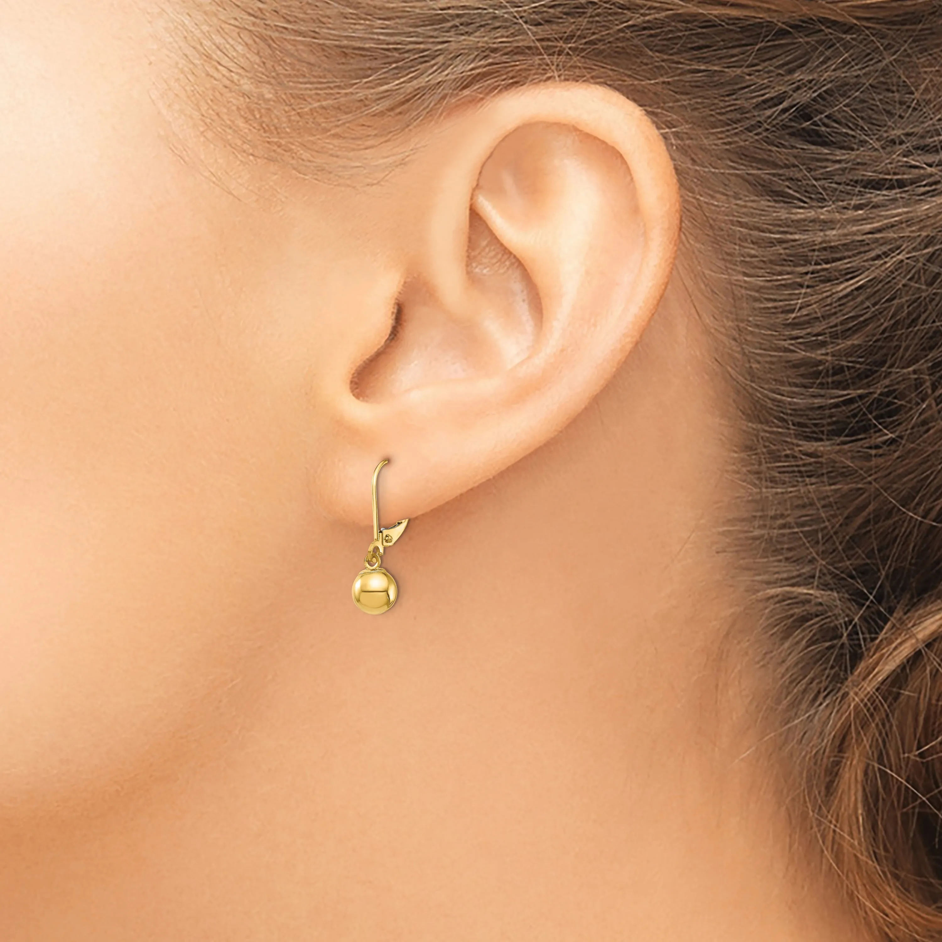 14K Gold Polished Dangle Earrings with 6mm Bead Leverback
