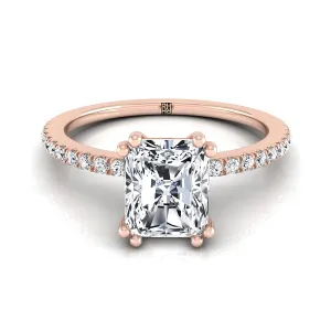 14K Rose Gold Radiant Cut Center Diamond Simple French Pave Double Claw Prong Engagement Ring -1/6ctw