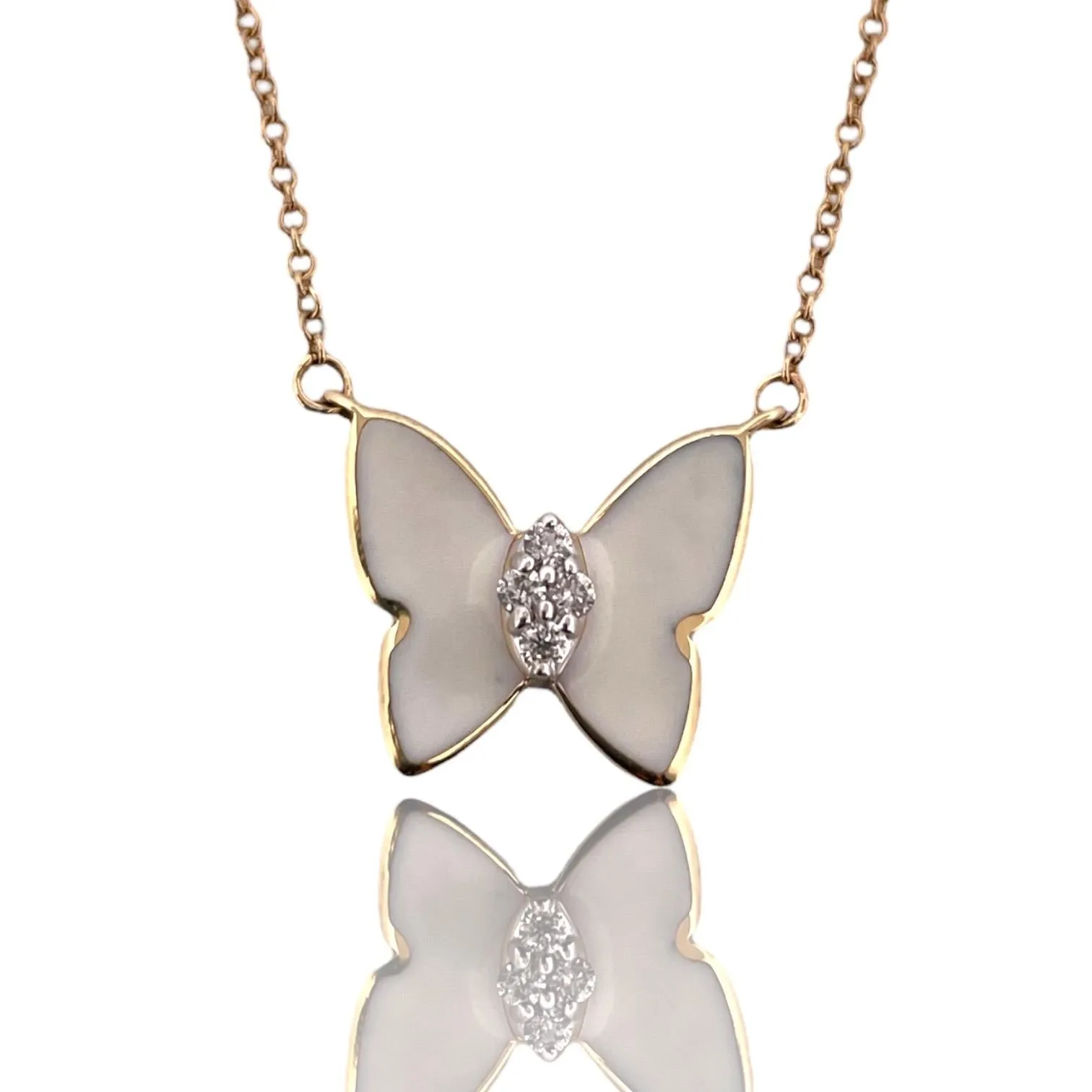 14K Yellow Gold & White Enamel Natural Diamond Butterfly Necklace