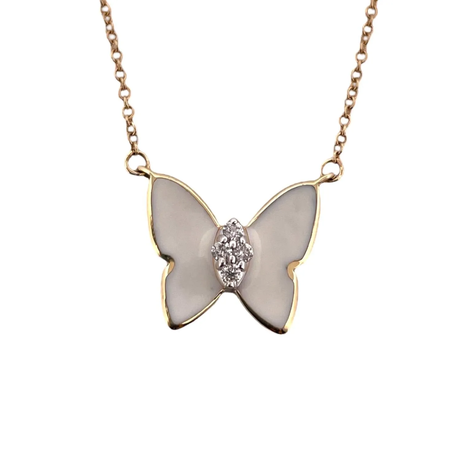 14K Yellow Gold & White Enamel Natural Diamond Butterfly Necklace