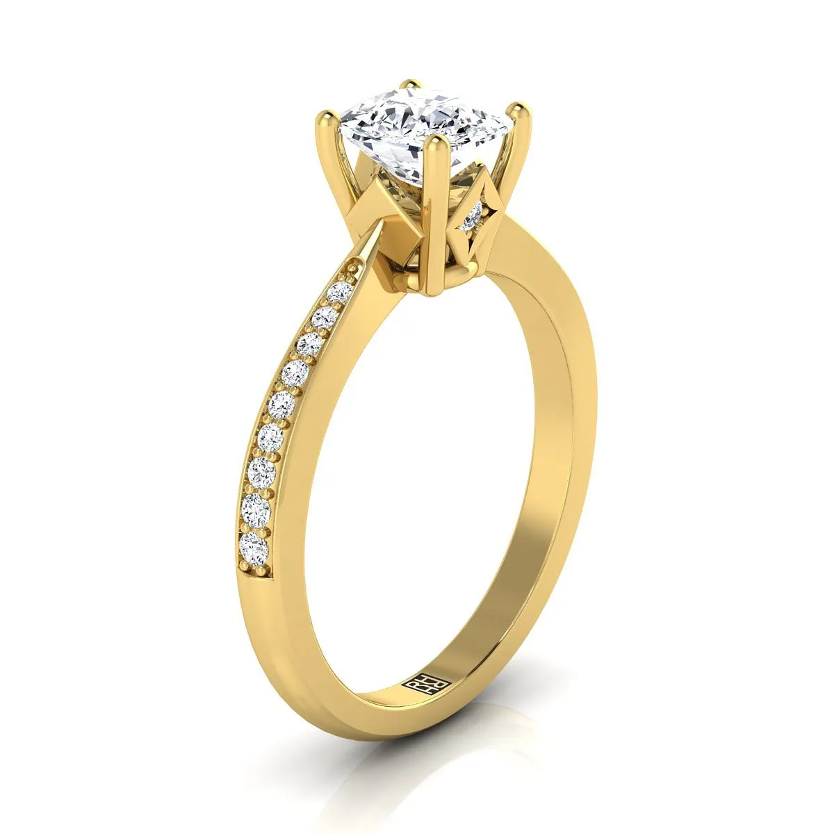 14K Yellow Gold Cushion Diamond Tapered Pave Engagement Ring -1/8ctw