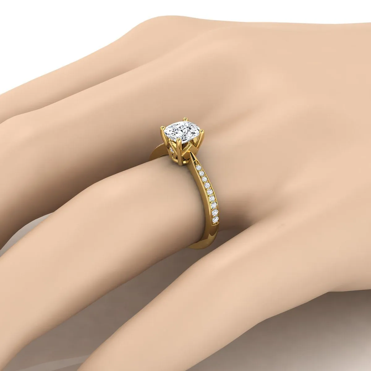 14K Yellow Gold Cushion Diamond Tapered Pave Engagement Ring -1/8ctw