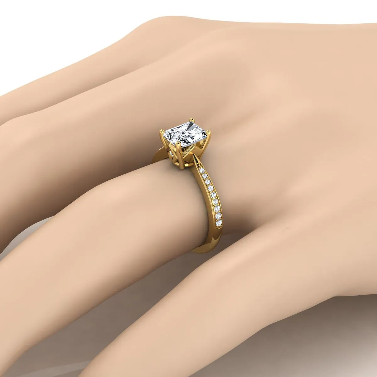 14K Yellow Gold Radiant Cut Center Diamond Tapered Pave Engagement Ring -1/8ctw