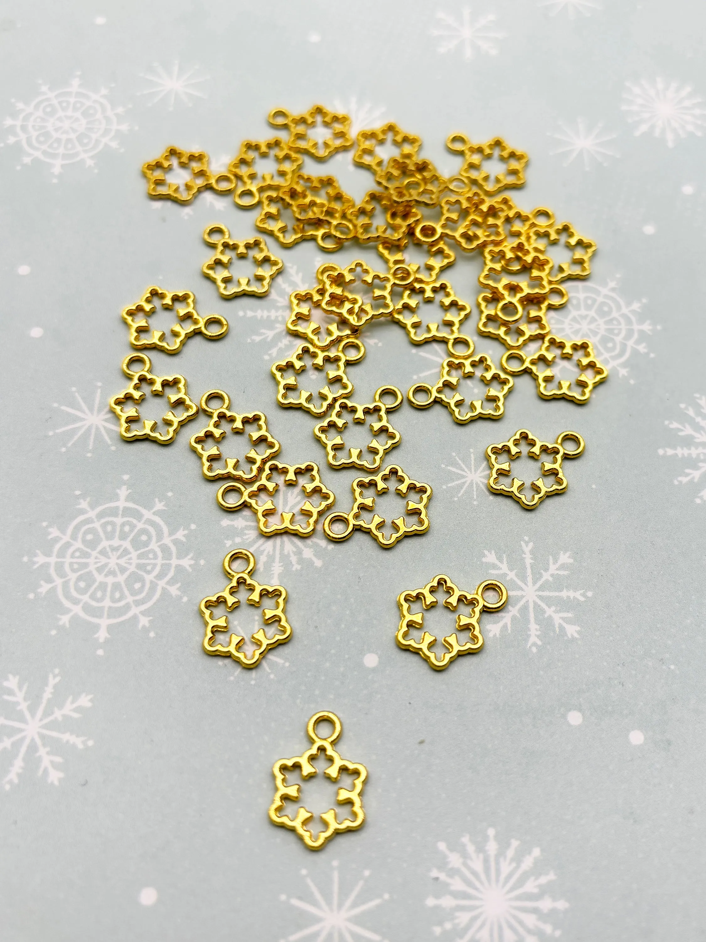 15 Gold Plated Snowflake Charms - Open Bezel Frame Pendants for Jewelry Making F109a