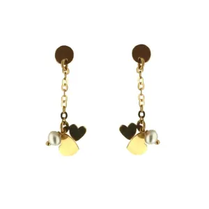 18K Solid Yellow Gold Polished Heart & Pearl Dangle Earrings