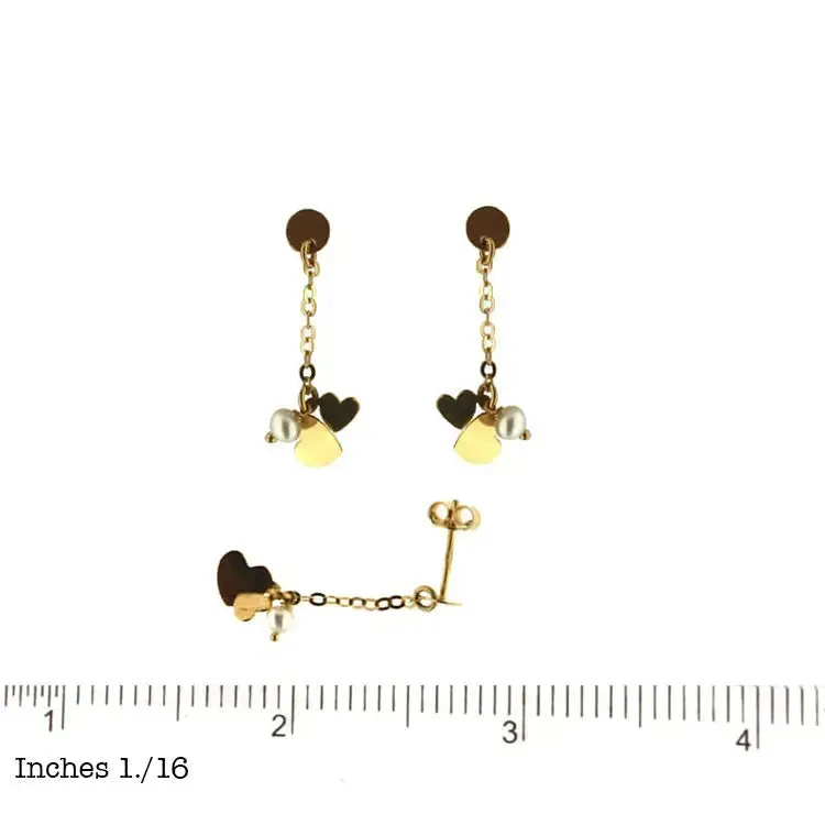 18K Solid Yellow Gold Polished Heart & Pearl Dangle Earrings