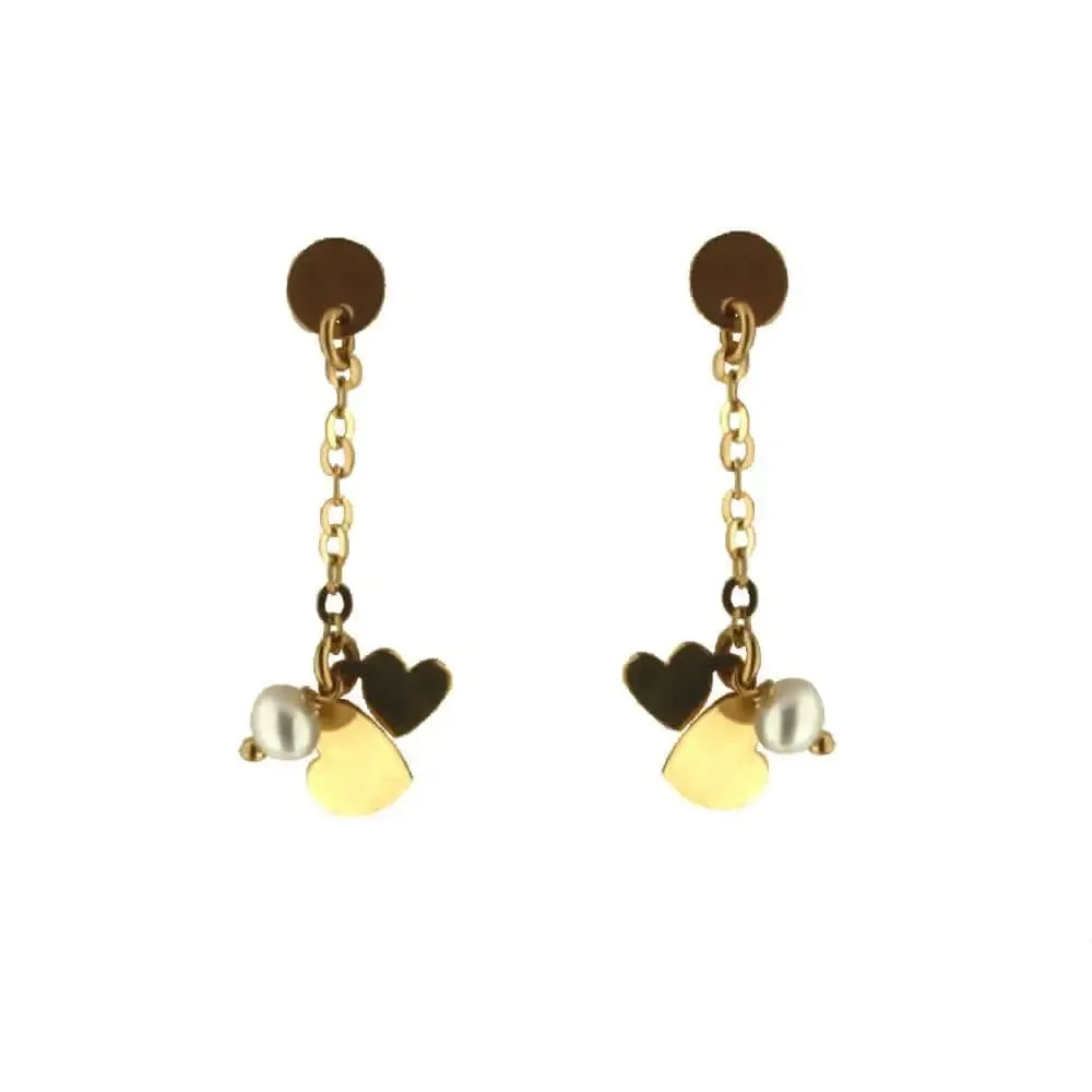 18K Solid Yellow Gold Polished Heart & Pearl Dangle Earrings
