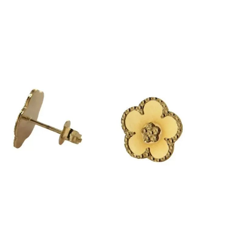 18K Solid Yellow Gold Satin or Polished Flower Post Earrings