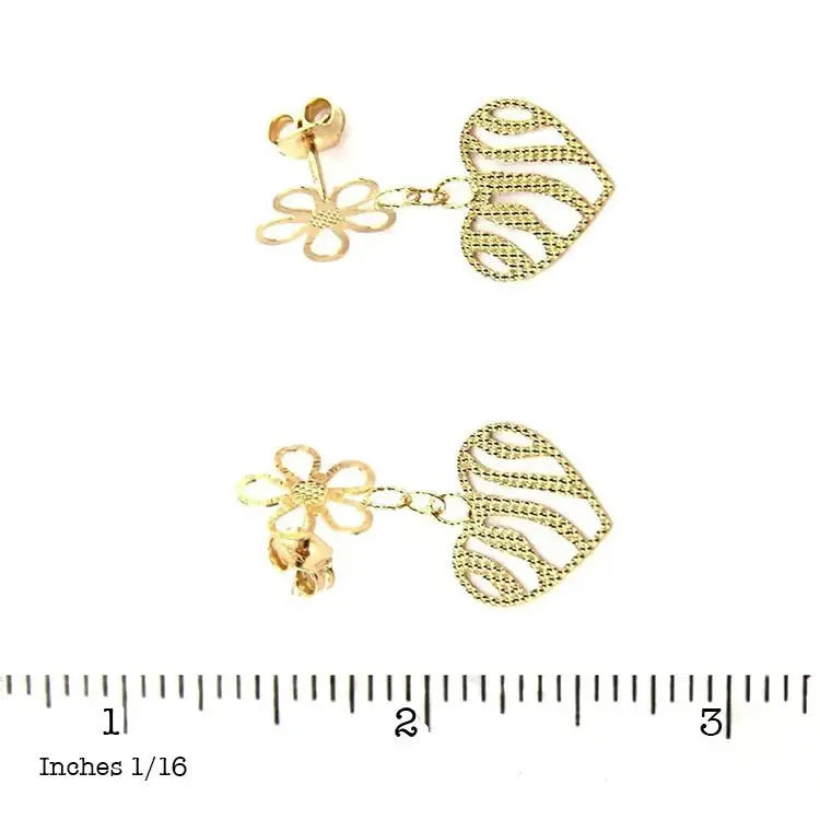 18K Yellow Gold Open Flower with Dangle Open Heart Earrings