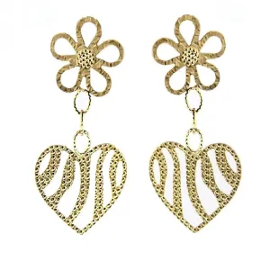 18K Yellow Gold Open Flower with Dangle Open Heart Earrings
