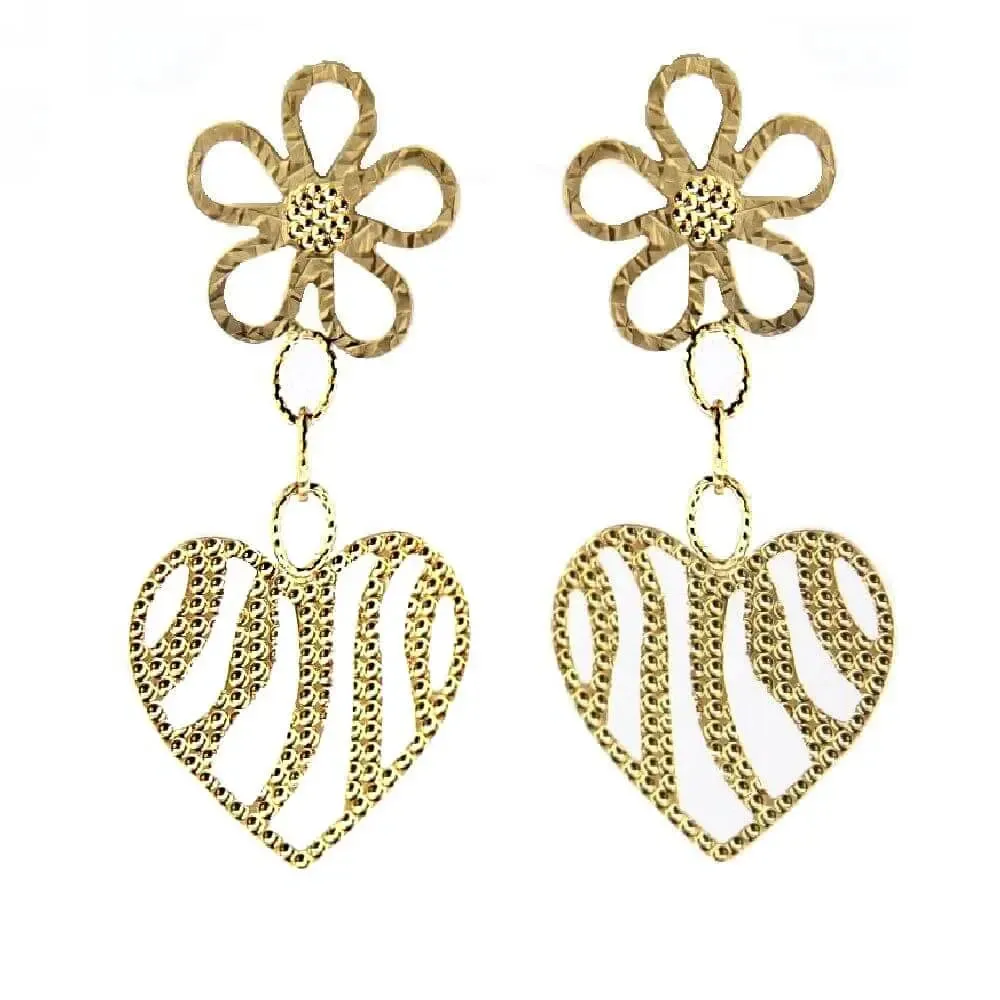 18K Yellow Gold Open Flower with Dangle Open Heart Earrings