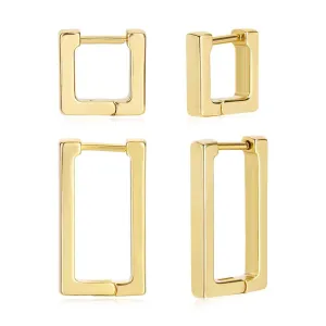 2 Pairs 14K Gold Plated Minimalist Hoop Earrings Small Dainty Geometric Square and Rectangle Huggies Hoops for Girls Women Gift, gold, silver and black