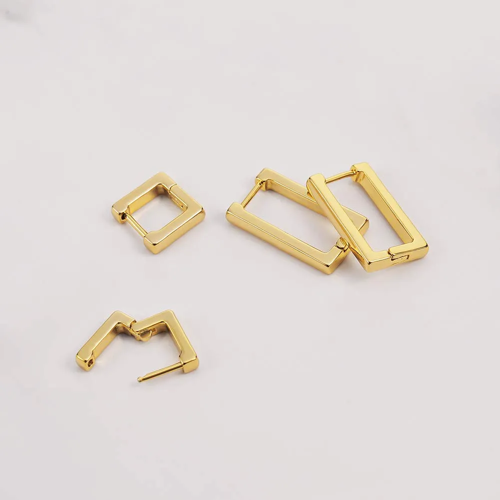 2 Pairs 14K Gold Plated Minimalist Hoop Earrings Small Dainty Geometric Square and Rectangle Huggies Hoops for Girls Women Gift, gold, silver and black