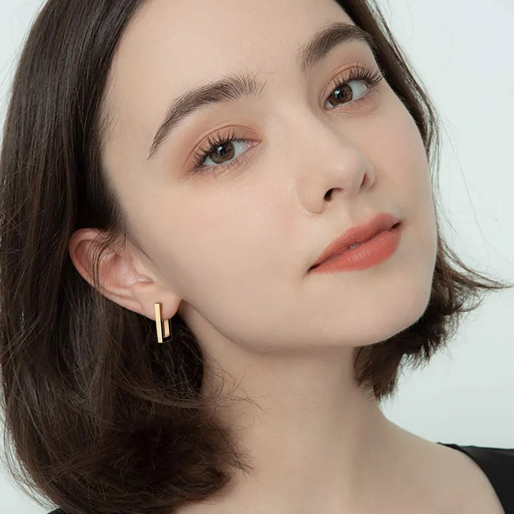 2 Pairs 14K Gold Plated Minimalist Hoop Earrings Small Dainty Geometric Square and Rectangle Huggies Hoops for Girls Women Gift, gold, silver and black