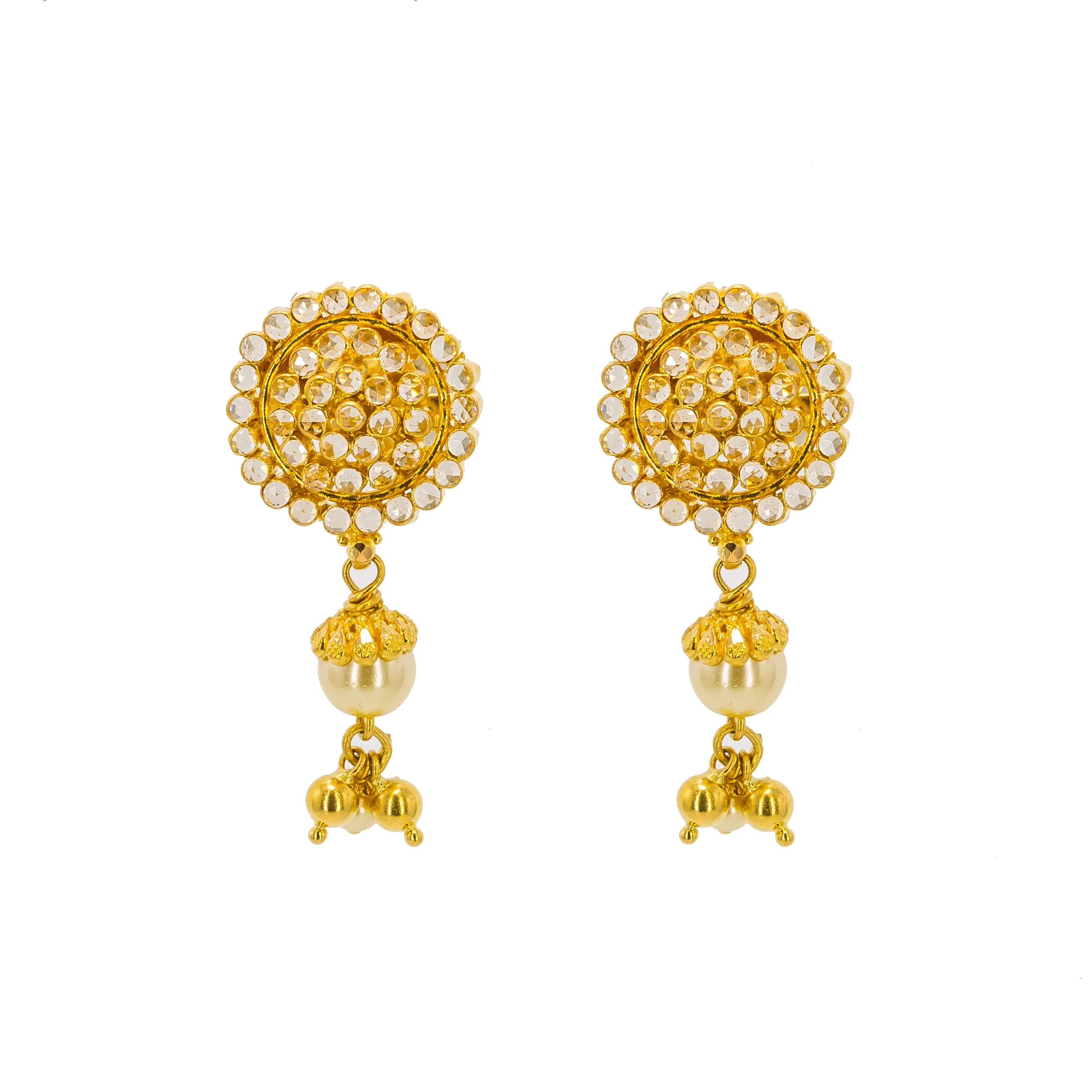 22K Yellow Gold Necklace & Drop Earrings Set W/ CZ Polki & Drop Pearls