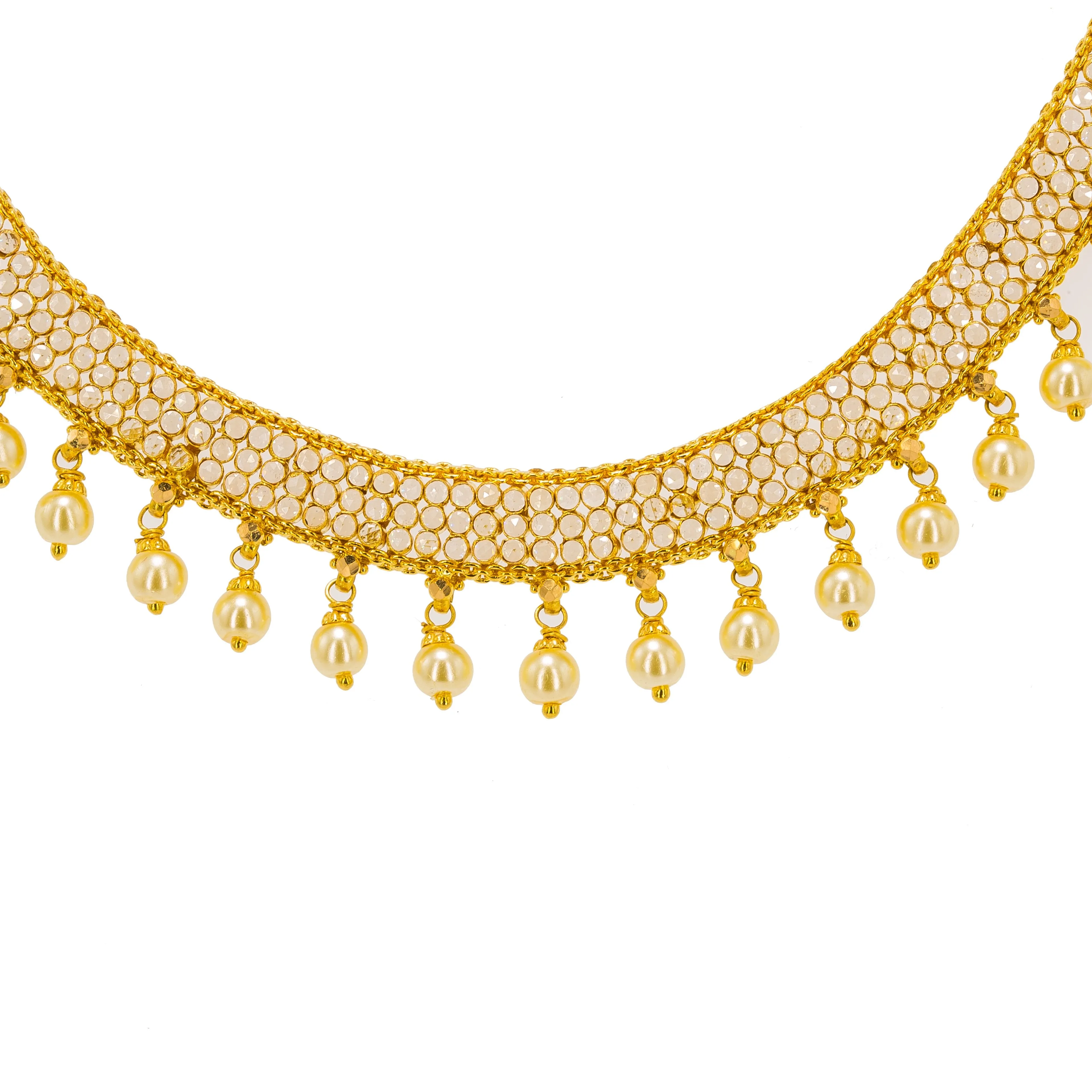 22K Yellow Gold Necklace & Drop Earrings Set W/ CZ Polki & Drop Pearls