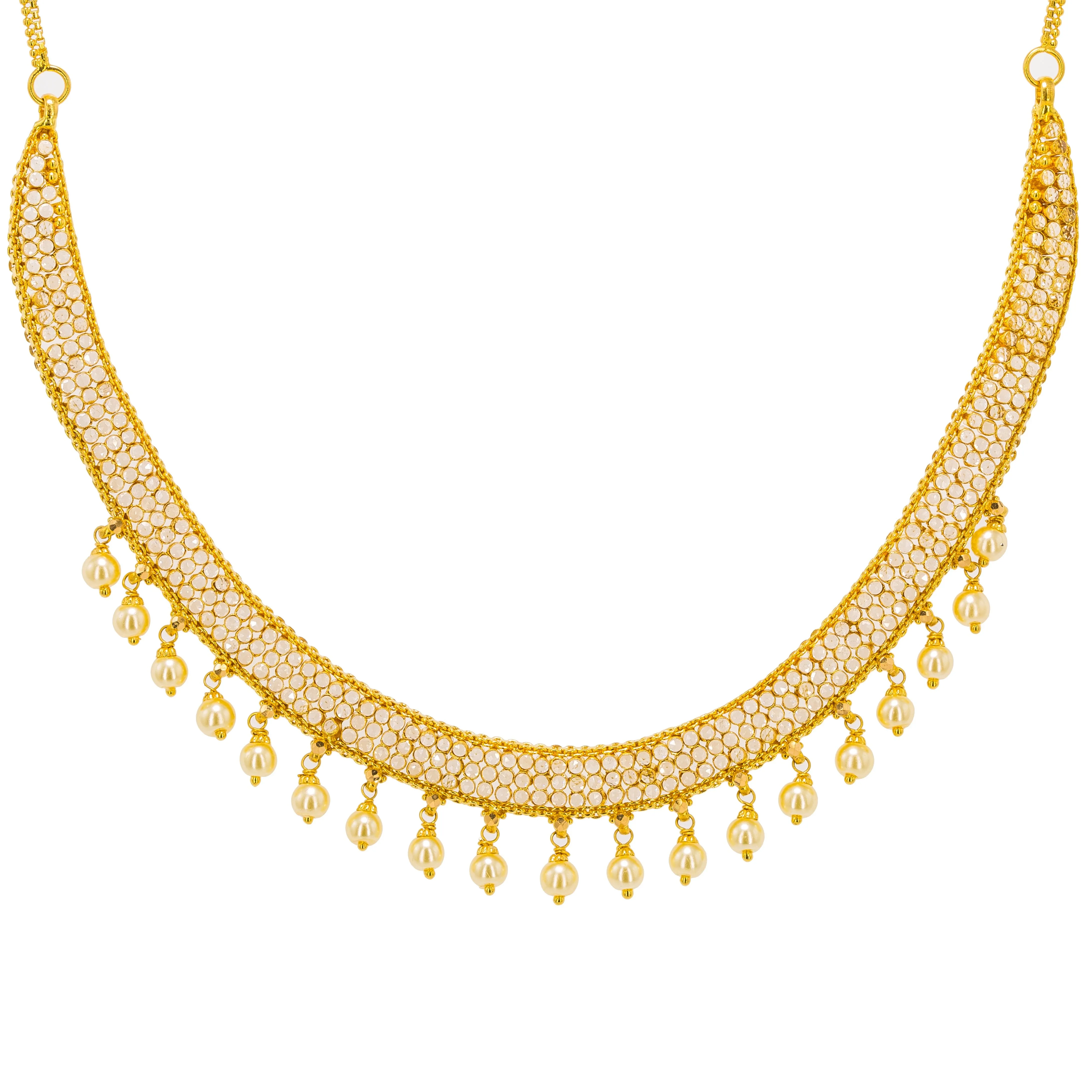 22K Yellow Gold Necklace & Drop Earrings Set W/ CZ Polki & Drop Pearls