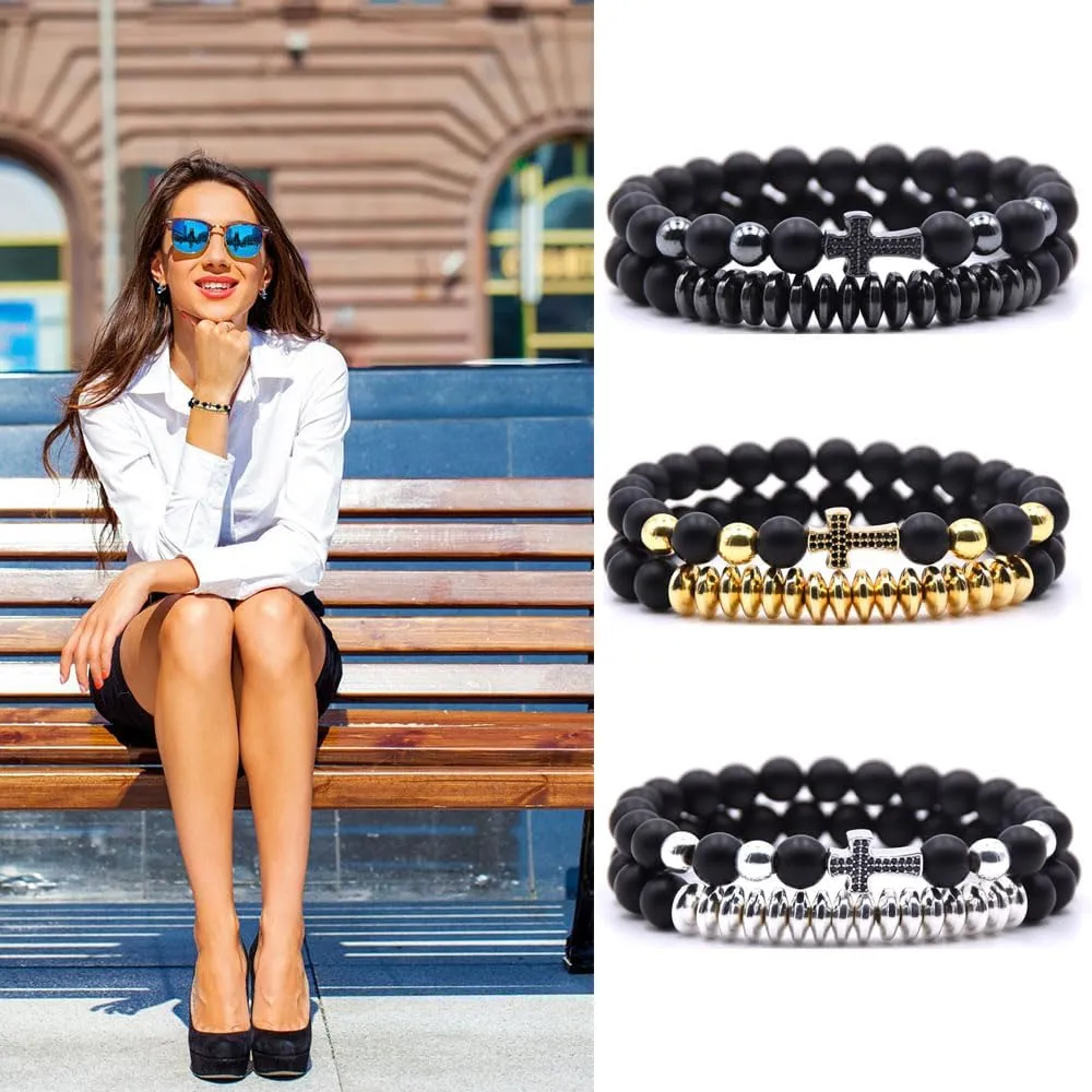 3 Set Micro Pave Zircon Crown King Charm 8mm Beads Bracelet for Men Women His and Hers Couple Bracelet Natural Black Matte Onyx Stone Hematite Beads Elastic Adjustable