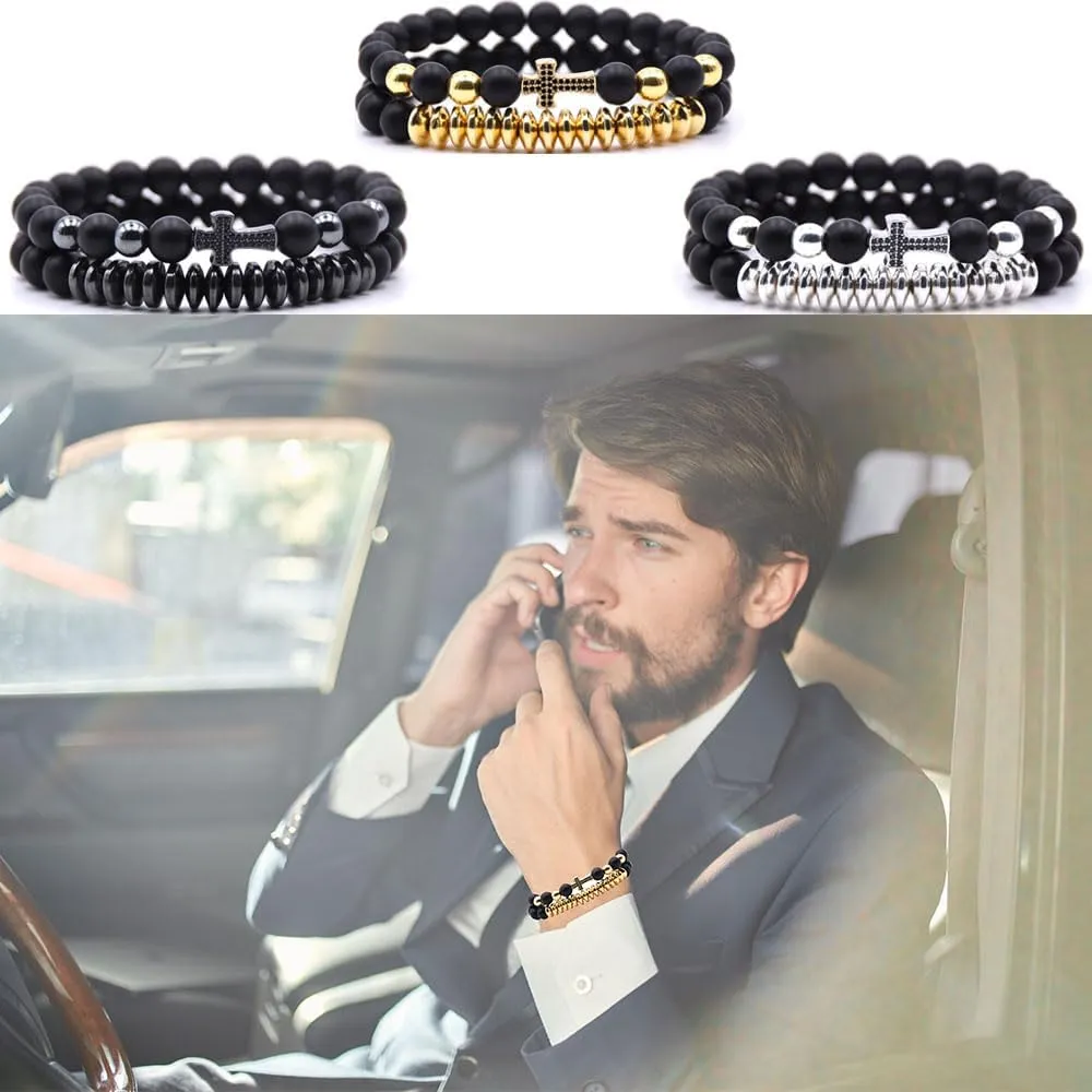 3 Set Micro Pave Zircon Crown King Charm 8mm Beads Bracelet for Men Women His and Hers Couple Bracelet Natural Black Matte Onyx Stone Hematite Beads Elastic Adjustable