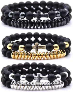 3 Set Micro Pave Zircon Crown King Charm 8mm Beads Bracelet for Men Women His and Hers Couple Bracelet Natural Black Matte Onyx Stone Hematite Beads Elastic Adjustable