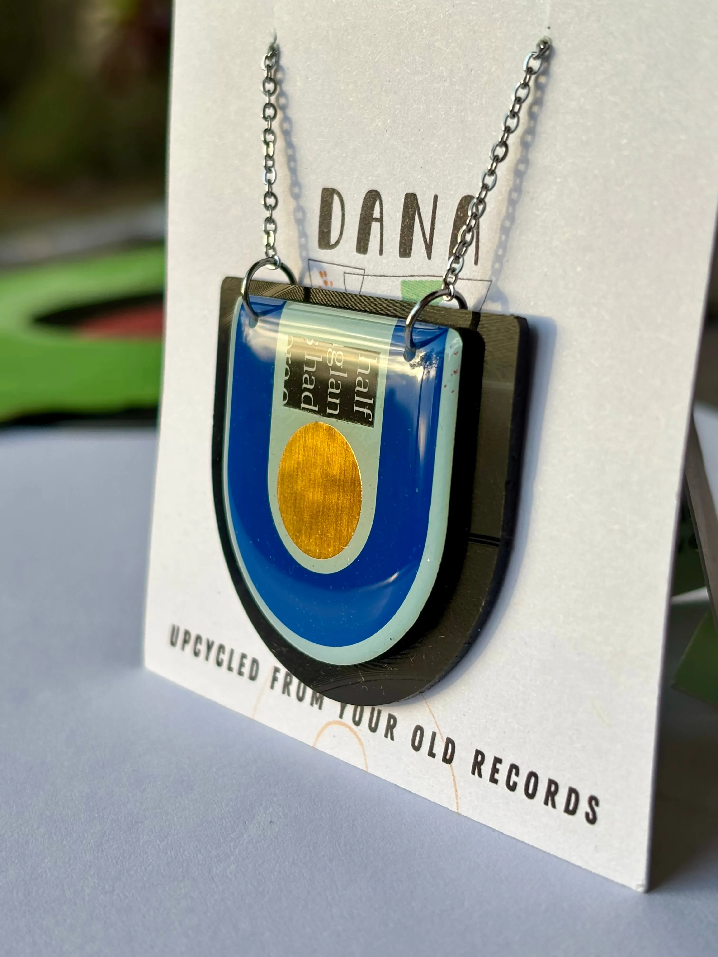 40% modern upcycled art necklace in blue, gold and black / Irish made jewellery design