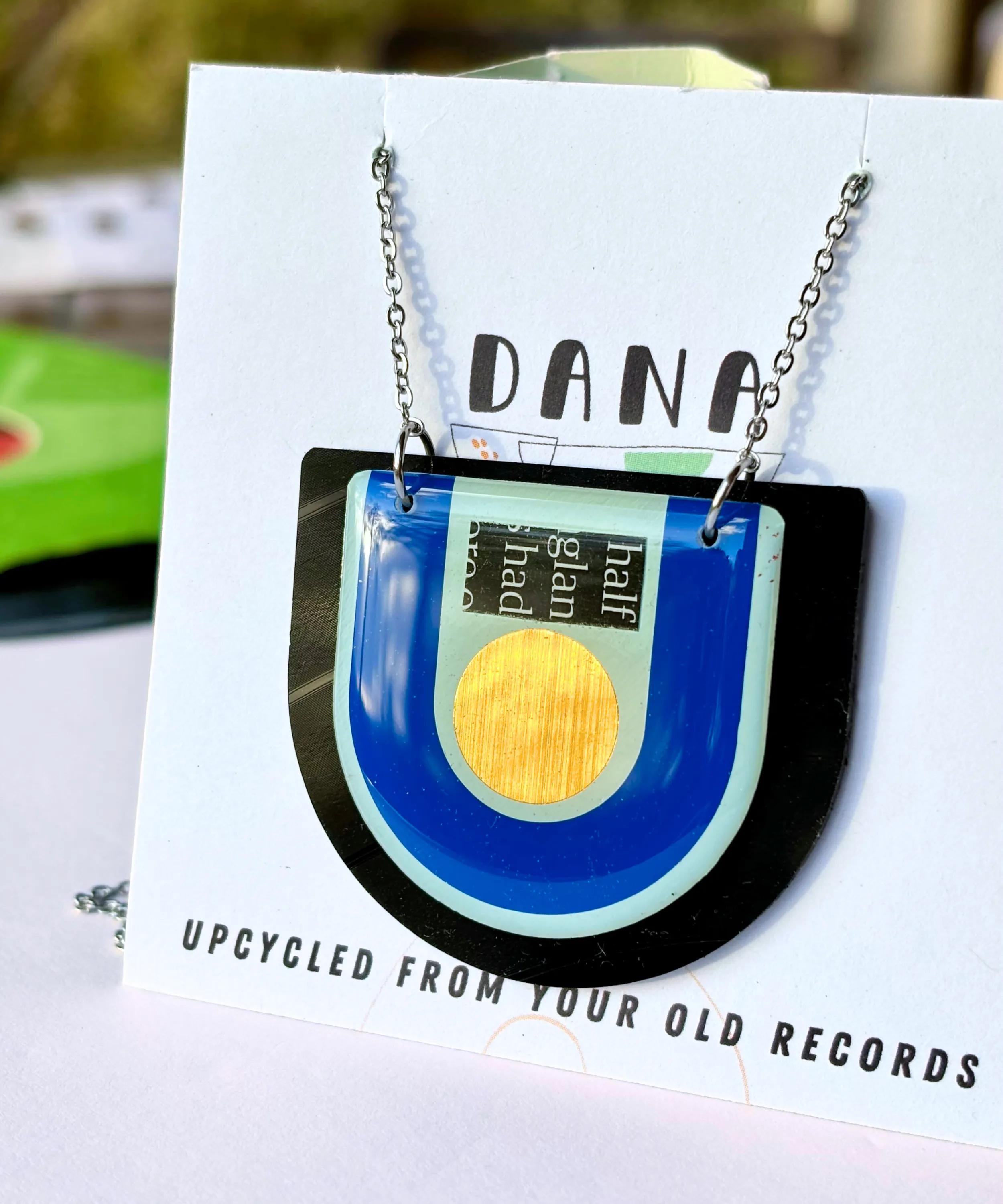 40% modern upcycled art necklace in blue, gold and black / Irish made jewellery design
