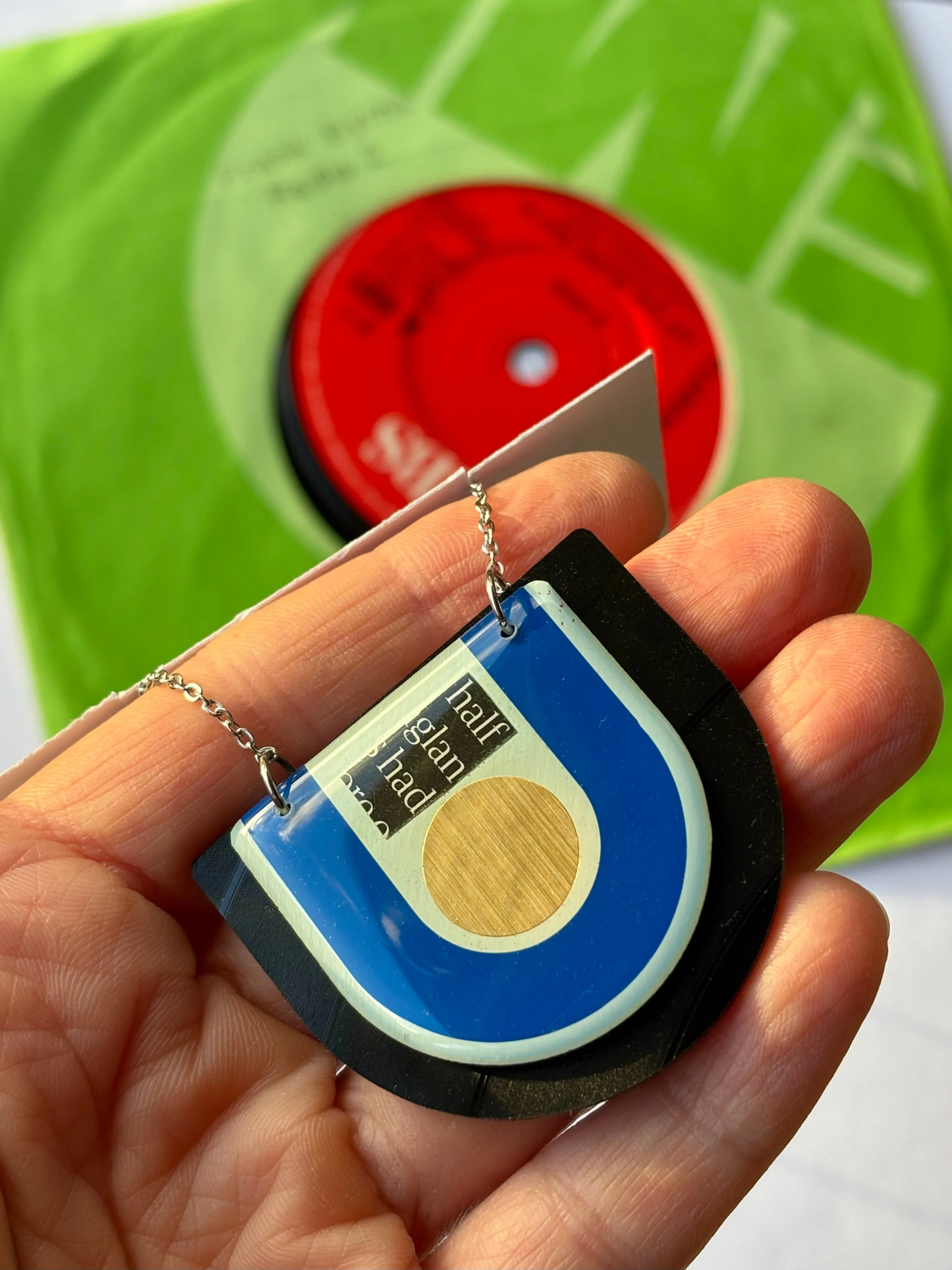 40% modern upcycled art necklace in blue, gold and black / Irish made jewellery design