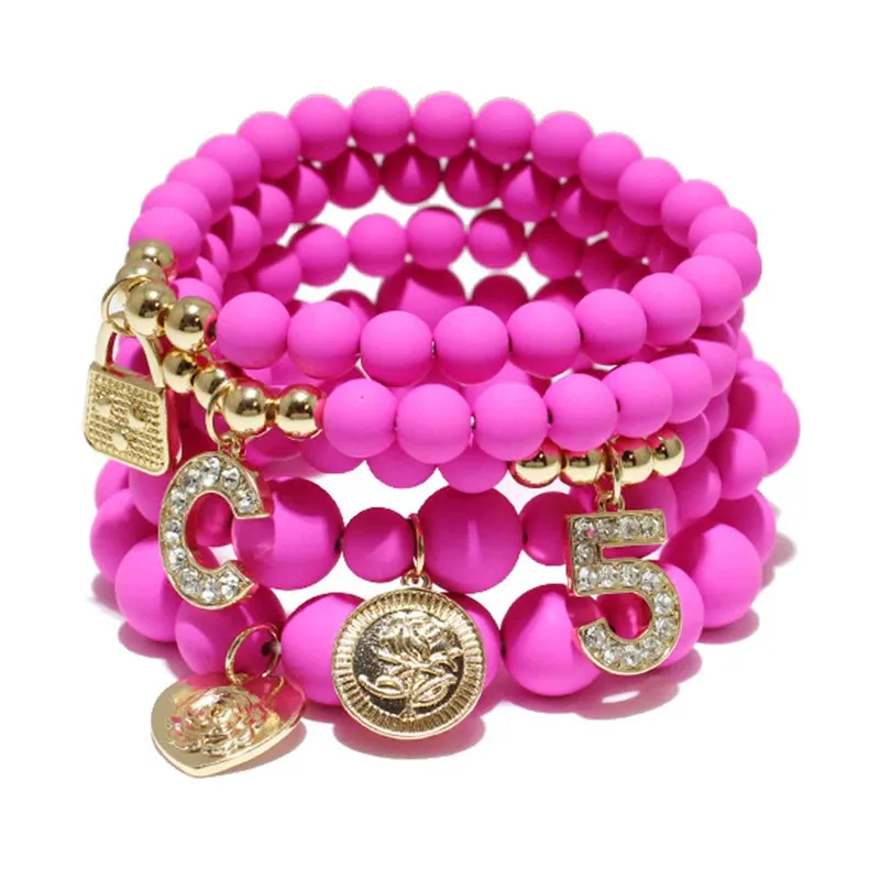 5 PCS Fashion Natural Stone Stretch Beaded Bracelets Set for Women Letter Pendant Adjustable Delicate Charms Bracelet Jewelry
