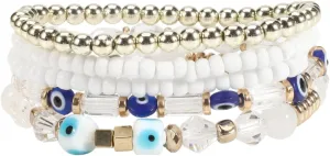 5Pcs Bohemian Stackable Beaded Bracelets Set for Women,Multilayer Evil Eye Bracelets,Boho Layered Strand Bead Bracelets, Handmade Crystal Lucky Protection Stretch Bracelets for Women
