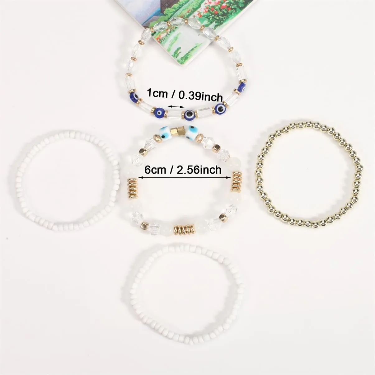 5Pcs Bohemian Stackable Beaded Bracelets Set for Women,Multilayer Evil Eye Bracelets,Boho Layered Strand Bead Bracelets, Handmade Crystal Lucky Protection Stretch Bracelets for Women
