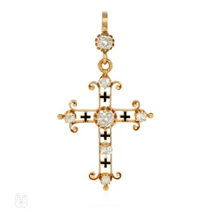 Antique gold, diamond, and enamel cross pendant