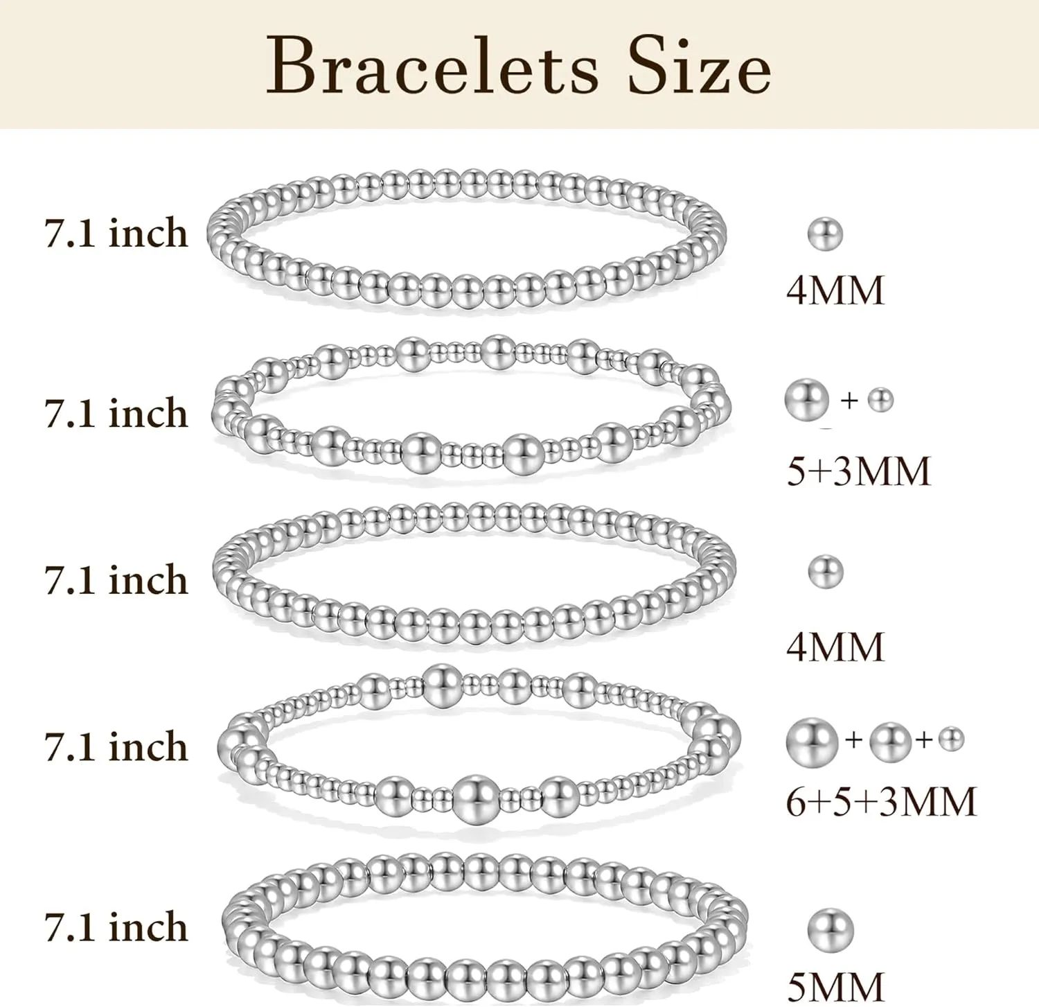 Badu Silver Beaded Bracelets for Women no tarnish Silver plated Stackable Bead Ball Bracelet Stretchable Elastic Hypoallergenic Trendy