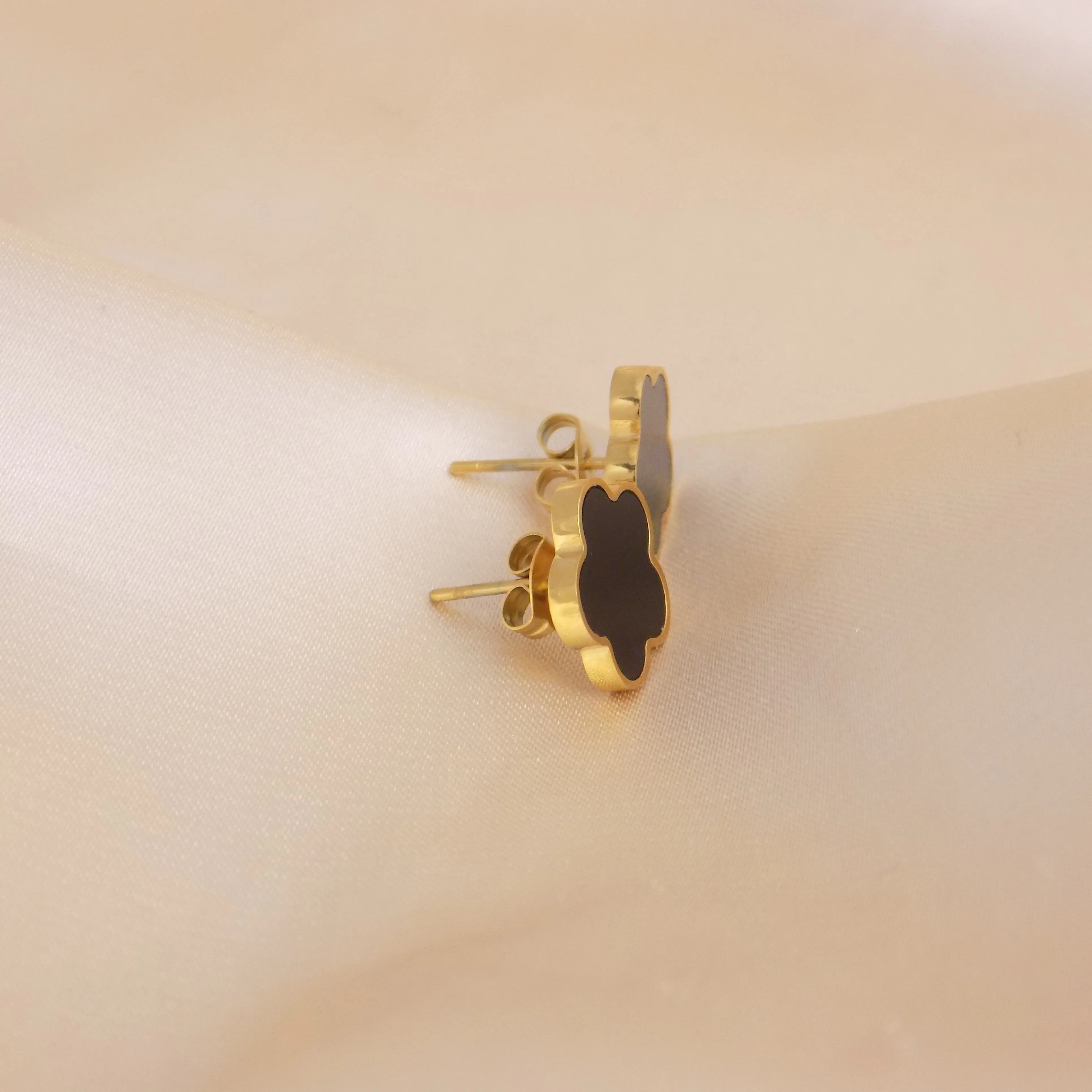 Black Clover Earrings Studs Gold Plated Satinless Steel Flower