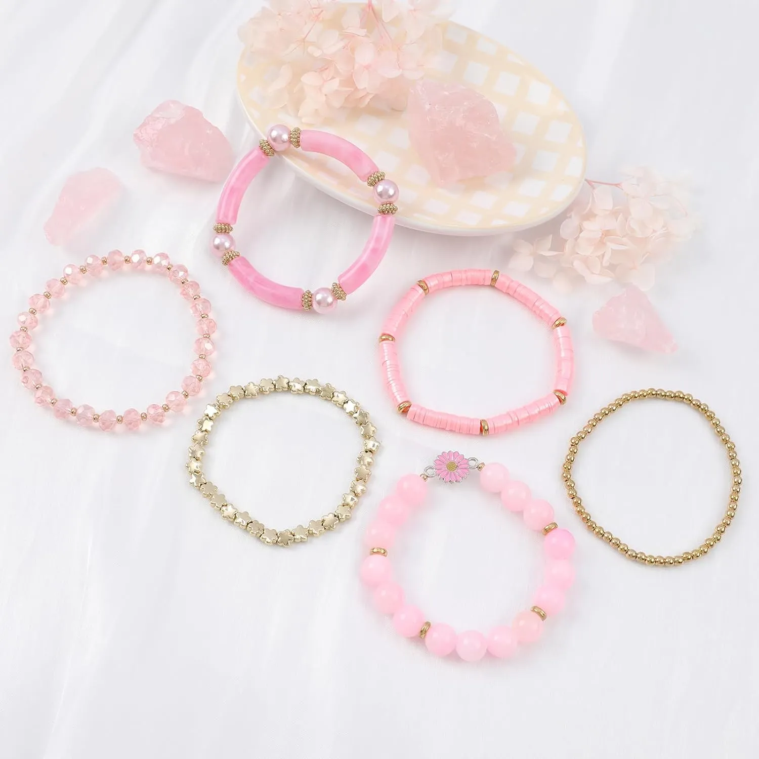 Bohemian Natural Stone Beaded Bracelets for Women Men Stackable Stretch Beads Bracelet Set with Charm and Tassel Multilayered Elastic Gemstone Bracelets Summer Beach Boho Jewelry Gift for Women