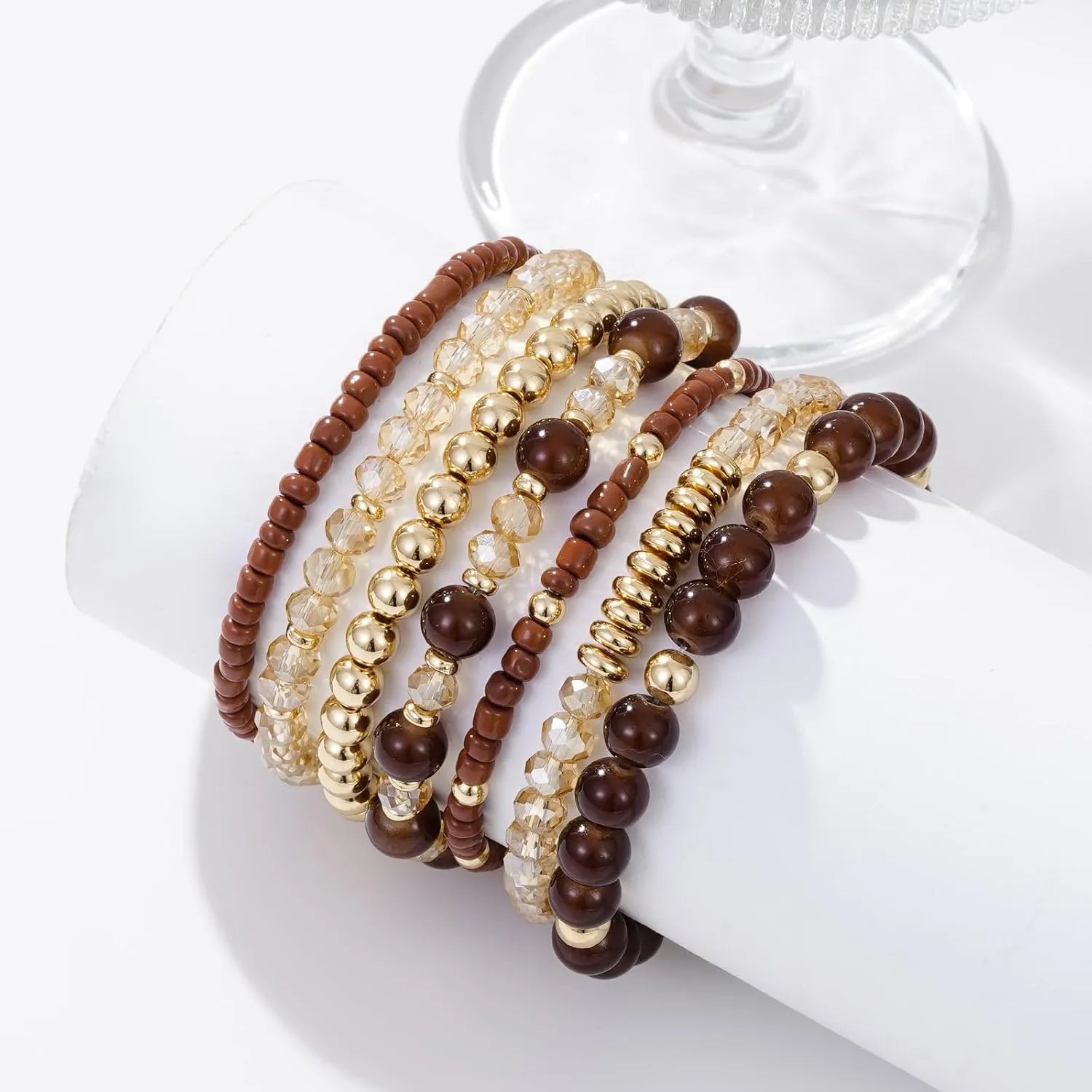 Boho Beaded Stretch Bracelets For Women Stackable Crystal Gold Beaded Bracelets Set Trendy Handmade Friendship Braeclet Jewelry Gifts