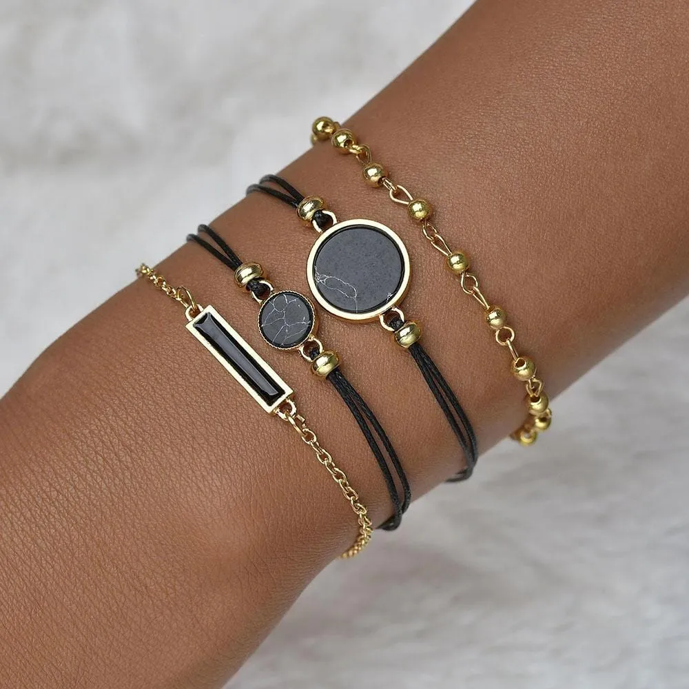 Boxed Bohemian Multi Layered Charm Bead Bracelet and Fish Shaped Gold Plated Earrings Set - Black