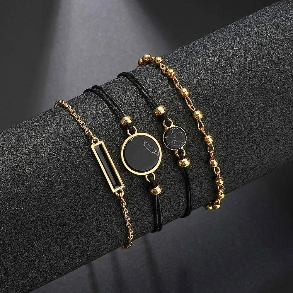 Boxed Bohemian Multi Layered Charm Bead Bracelet and Fish Shaped Gold Plated Earrings Set - Black