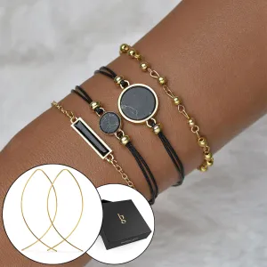 Boxed Bohemian Multi Layered Charm Bead Bracelet and Fish Shaped Gold Plated Earrings Set - Black