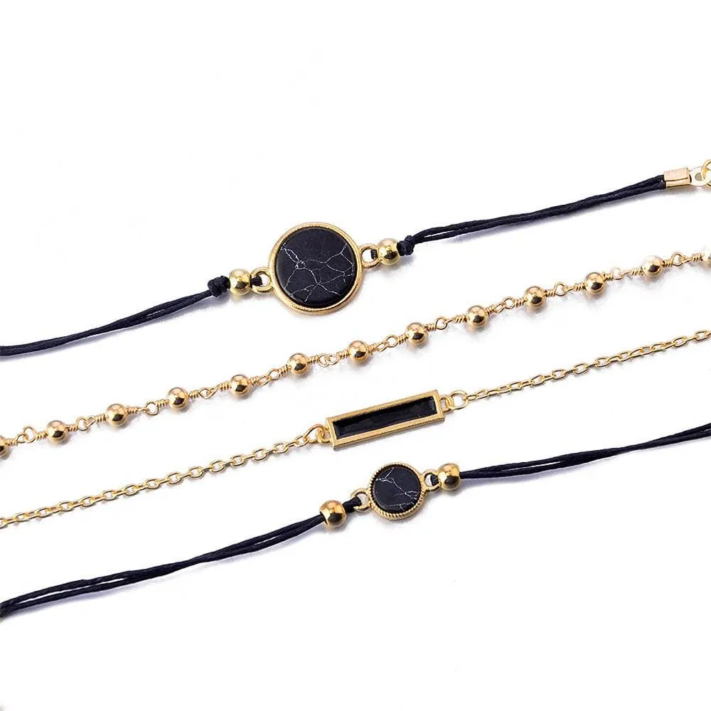 Boxed Bohemian Multi Layered Charm Bead Bracelet and Fish Shaped Gold Plated Earrings Set - Black