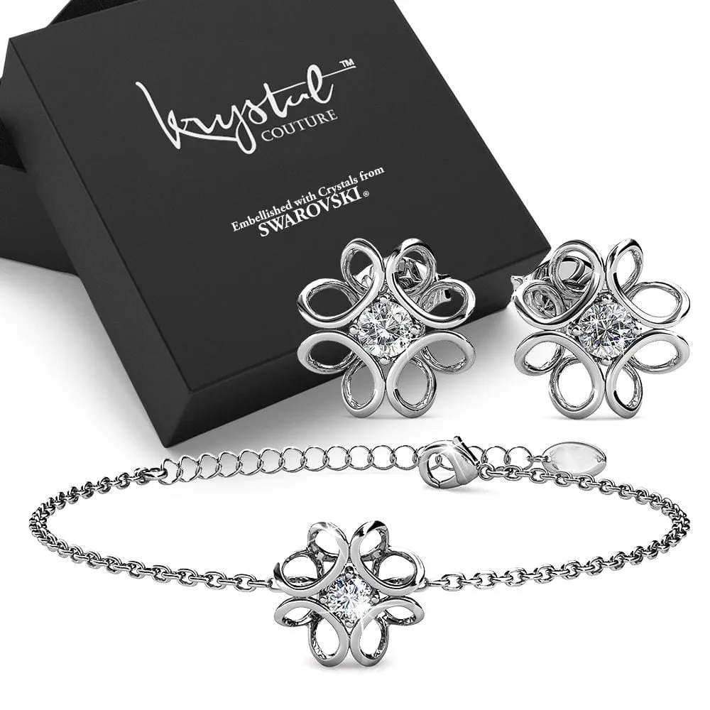 Boxed White Gold Blooming Flower Bracelet & Daffodil Hologram Stud Earrings Embellished with SWAROVSKI® Crystals Set