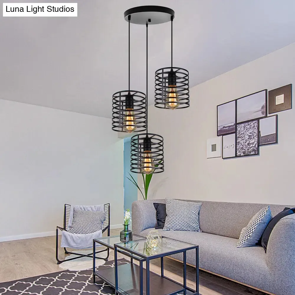 Cage Shade Industrial Hanging Light with 3 Bulbs - Cylindrical Metallic Lamp for Dining Room in Black
