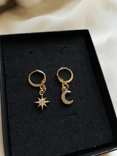 Celestial dangle earrings | Star and moon earrings | Galaxy golden rhinestone earrings | glittering diamante mini huggie earrings