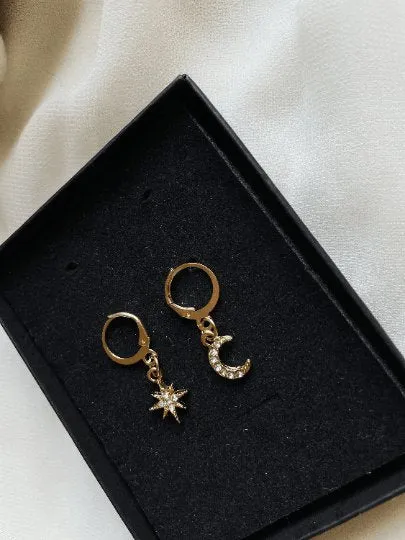 Celestial dangle earrings | Star and moon earrings | Galaxy golden rhinestone earrings | glittering diamante mini huggie earrings