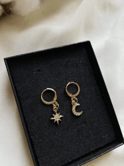 Celestial dangle earrings | Star and moon earrings | Galaxy golden rhinestone earrings | glittering diamante mini huggie earrings