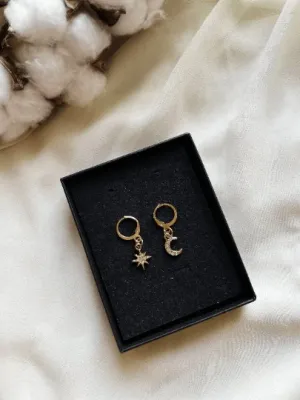 Celestial dangle earrings | Star and moon earrings | Galaxy golden rhinestone earrings | glittering diamante mini huggie earrings