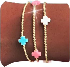 choice of all Gold Bracelets for Women Trendy Beaded Bracelet Non Tarnish Stack Cross Pearl Beaded Stretch Bracelets Jewelry Gifts for Women