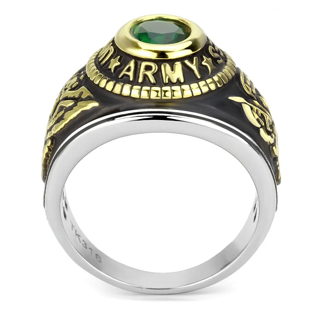 CJ3724 Wholesale Unisex Stainless Steel Two-Tone IP Gold Synthetic Emerald United States Army Military Ring