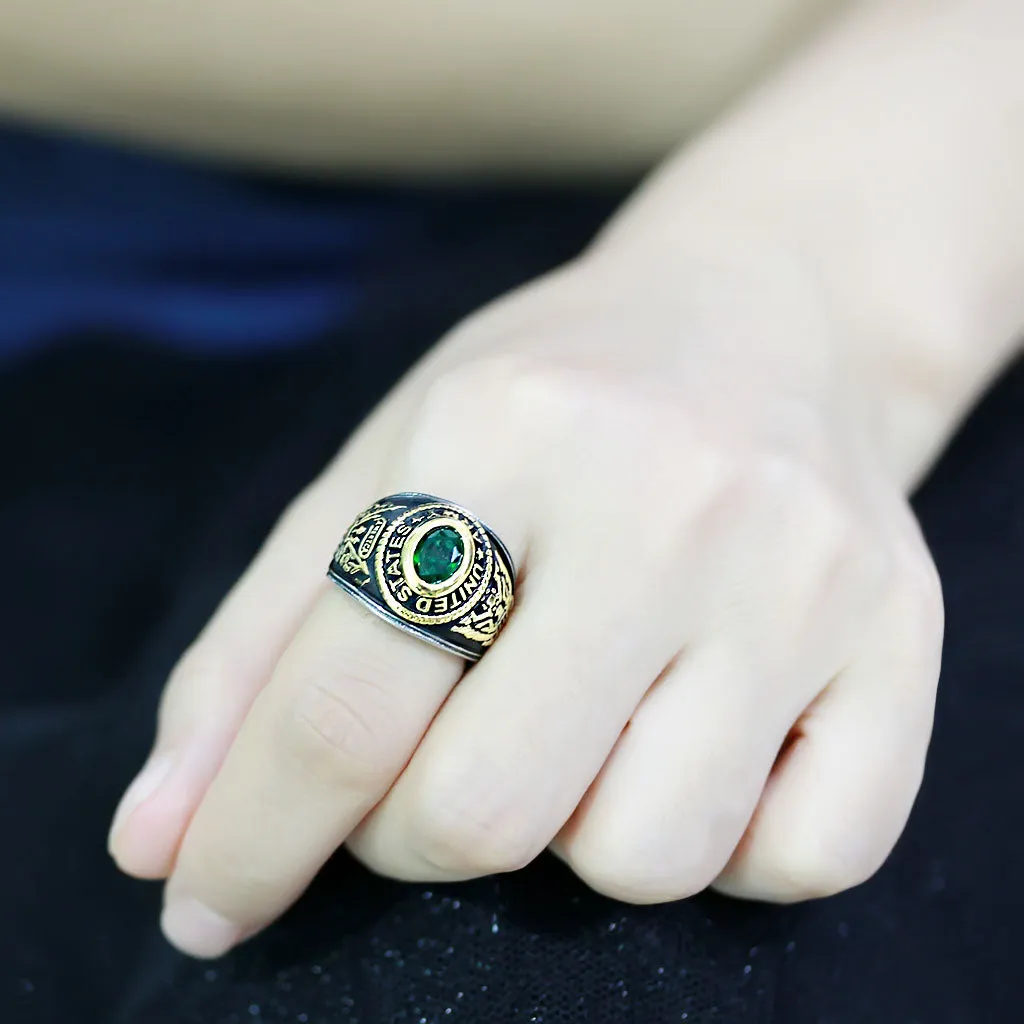 CJ3724 Wholesale Unisex Stainless Steel Two-Tone IP Gold Synthetic Emerald United States Army Military Ring